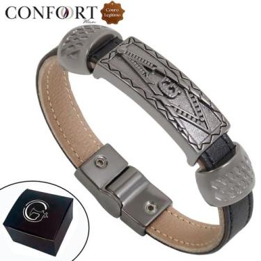 Imagem de Pulseira de Couro Preto Magnética Maçonaria Liberdade Compasso - GRANA
