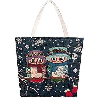 Imagem de Sacos De Compras De Supermercado Reutilizáveis Bolsa De Lona De Ombro Com Padrão De Coruja Para Mulheres Meninas Bolsa De Ombro Grande - Lona Multifutional, Navy Blue 2