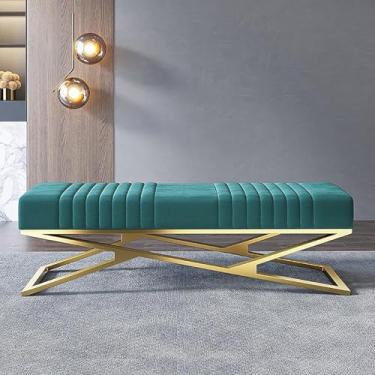 Imagem de Banco Estofado De Veludo De Luxo,banco De Sapato De Entrada Confortável Com Base Dourada,banco De Sofá De Acento Multifuncional De Fim De Cama De Quarto Moderno, Blue, 60x38x42cm(24x15x17inch)