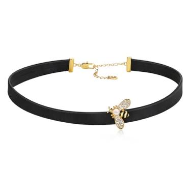 Imagem de Cicy Bell Gargantilha feminina preta, ajustável, de couro sintético, punk, abelha, banhado a ouro 18 k, colar redondo, joias para presentes, 35cm, Latão banhado a ouro 18k, zircônia cúbica, Zircônia