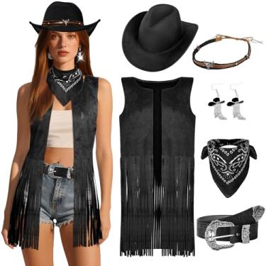 Imagem de Roupas de vaqueira para mulheres, acessórios de cintos ocidentais, colete feminino com franja, sem mangas, com chapéu de caubói e brinco bandana