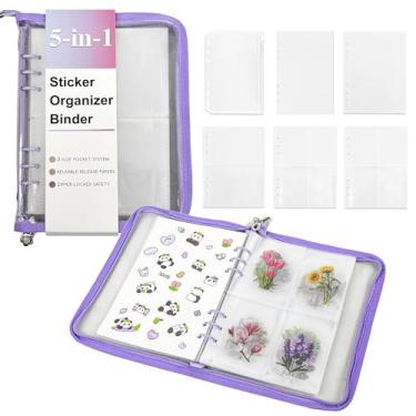 Imagem de Eastvio Pasta organizadora de adesivos 5 em 1 reutilizável A5 com 220 bolsos, 10 papéis de lançamento, álbum com zíper para colecionar adesivos (roxo)