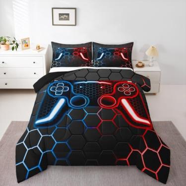 Imagem de Erosebridal Jogo de cama para meninos, temática de videogame, estampa geométrica de videogame, vermelho, azul, 1 edredom e 1 fronha (solteiro verde)