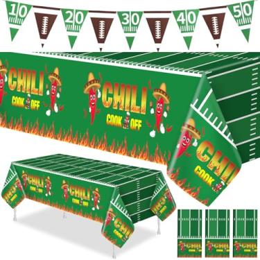 Imagem de Oudain 4 peças de toalha de mesa descartável para decoração de festa de chili Cook Off Green Chili Cook Off decoração de mesa conjunto de faixas de plástico pimenta toalha de mesa vermelha verde