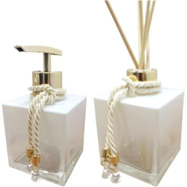 Imagem de Kit Lavabo Vidro 250Ml Branco Porta Sabonete com Válvula Luxo e Difusor com Varetas Decoradas Para Banheiro Lavabo Organização e Decoração - Luiggi Presentes® (Degradê e Dourado)