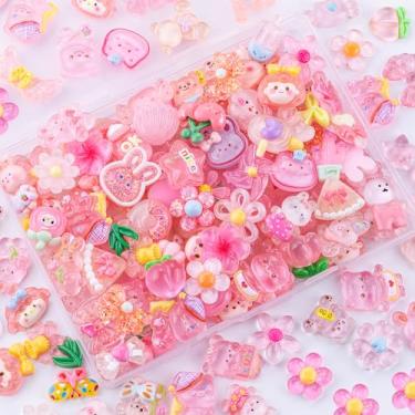 Imagem de 100 peças de pingentes de geleca rosa sortidos lindos enfeites de geleia, enfeite de resina plana a granel aleatório urso coelho kawaii acessórios para capa de telefone lixo, grampos de cabelo