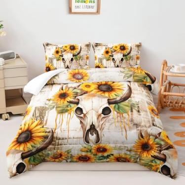 Imagem de AILONEN Conjunto de edredom de caveira de ovelha 3D, estilo caubói ocidental, tamanho casal, design de cacto com detalhes de rosa, 3 peças, 1 colcha + 2 fronhas, macio para uma decoração de quarto
