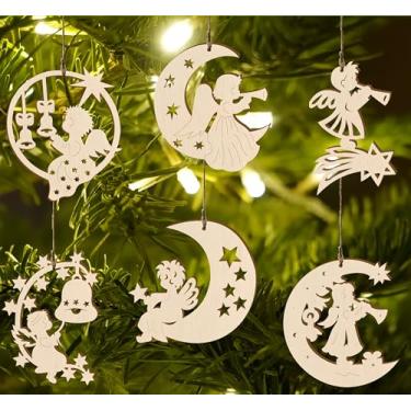 Imagem de Pacote de 36 com 6 designs, enfeites de Natal de anjo de madeira, decorações de Natal de lua e estrela.