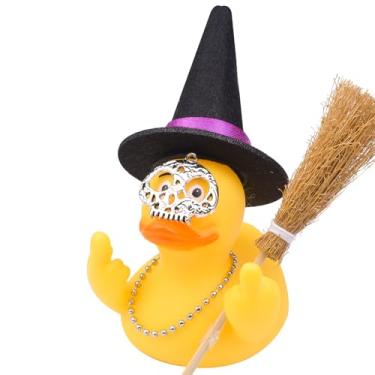 Imagem de CoFuBcad Patos de borracha engraçados decoração de painel de carro, patos de borracha de bruxa para Halloween, acessórios peculiares para pato usando um chapéu e colar, vassoura de máscara engraçada