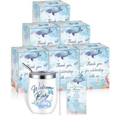 Imagem de Hoolerry Conjunto de 6 prêmios para chá de bebê, copo de aço inoxidável isolado de 350 ml, com tampas, canudos, escova de limpeza, cartões e caixas de presente, presentes de devolução para convidados