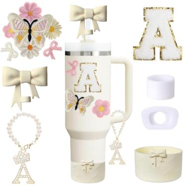 Imagem de Conjunto de acessórios de copo Stanley branco de 13 peças para copo de 850 g 1,134 g com alça, incluindo pingente de alça, adesivo inicial personalizado, topo de palha, bota de silicone, tampa à prova