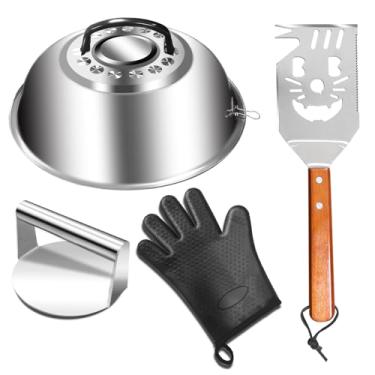 Imagem de VISTTUSWILL Cúpula de derretimento de queijo e prensa de hambúrguer esmagada, capa redonda resistente de 25 cm com esmagador de hambúrguer de aço inoxidável, kit de acessórios para grelhar de topo