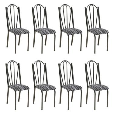 Imagem de Kit 8 Cadeiras de Cozinha Alasca Estampado Preto Listrado Pés de Ferro Cromo Preto - Pallazio