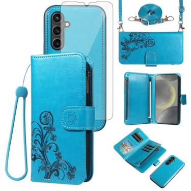 Imagem de Asuwish Capa de celular para Samsung Galaxy S24 Plus/S25 Plus S24+ S25+ 5G capa carteira com zíper com protetor de tela flor porta-cartão S24Plus 24S + S 24 24+ S25Plus 25S 25+ SM-S936U feminino azul