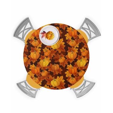 Imagem de Toalha de mesa redonda de outono de Ação de Graças Folhas de Bordo Abóbora Borda Elástica Capa de Mesa de Plástico Ajustada, À Prova D'água, À Prova de Óleo para Jantar, Ao Ar Livre, Piquenique, Mesas