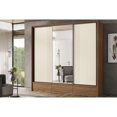 Imagem de Guarda Roupa Casal 3 Portas de Correr (1 c/ Espelho) e 5 Gavetas Democrata Flex Jatobá/Jatobá ou Areia - Santos Andirá