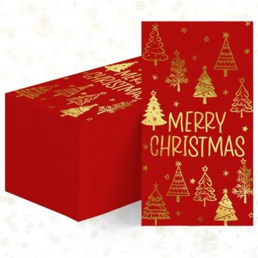 Imagem de Horaldaily 100 guardanapos de papel descartáveis de Natal para convidados, toalha de mão de desenho animado de árvore de Natal em folha de ouro vermelho para festa, almoço, jantar, cozinha, banheiro