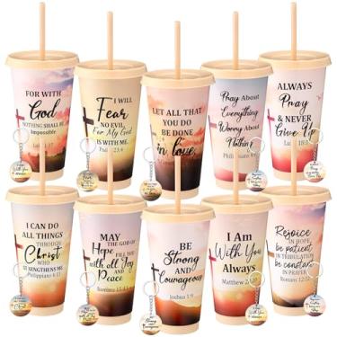 Imagem de Skylety Conjunto de 10 presentes cristãos a granel 680 g versículo bíblico copo de plástico com tampa canudo religioso acrílico chaveiro inspirador igreja dia dos avós presente de Natal para homens