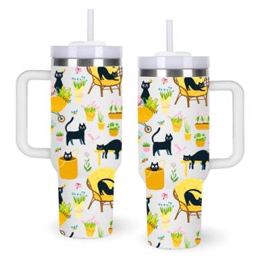 Imagem de momocici Copos para gatos de jardinagem. Copo de gato de 1,134 g com alça presentes para mulheres. Presente de copo para gatos de 1,134 g. Presente de aniversário para amantes de gatos, presentes para