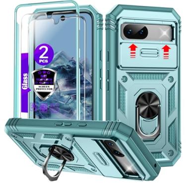 Imagem de Capa para Google Pixel 8A com capa deslizante para câmera, 2 películas de vidro temperado, suporte de anel giratório de 360°, capa protetora de grau militar para Google Pixel 8A 6,1 polegadas - verde