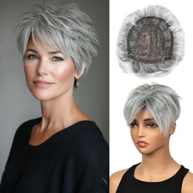 Imagem de PHOCAS Toppers de cabelo curto cinza para mulheres com queda de cabelo com franja peruca fofa corte Pixie perucas de cabelo coroa sintética cinza toupee toppers para mulheres