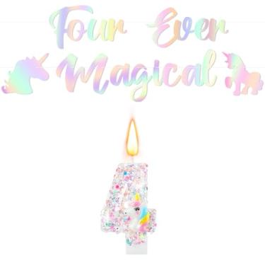 Imagem de Epakh Four Ever Magical Unicorn Banner com glitter número 4 velas de aniversário, decorações de festa de unicórnio para aniversário, topo de bolo, material de festa com tema de desenho animado