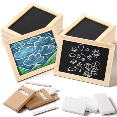 Imagem de Feifeiya Conjunto de 12 quadros-negros pequenos com bastões de giz e borracha 12,7 cm x 17,8 cm, quadro-negro emoldurado de dupla face, mini quadro de giz com moldura, placas de ardósia, material