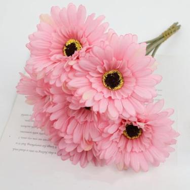 Imagem de Buquê de 6 flores artificiais de gérbera de seda, decoração de mesa para casamento, varandas, margaridas falsas, crisântemos, decoração para festa e casa (um buquê com 6 peças/rosa)