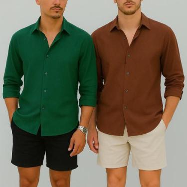 Imagem de Kit 2 Camisa de Linho Blusa Manga Longa Viscose Praia Masculina Muitas