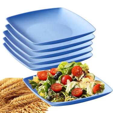Imagem de Conjunto de 6 peças de pratos quadrados de palha de trigo inquebrável, prato de jantar profundo leve, conjunto de acompanhamentos de salada para casa e cozinha, reutilizável (azul, 23 cm)