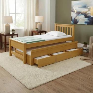 Imagem de Bicama Solteiro Madeira Maciça Esmeralda Cama Auxiliar Com 3 Gavetas -