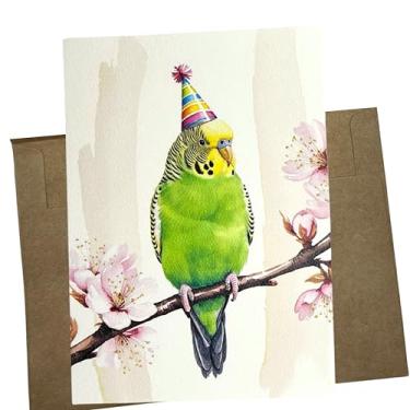 Imagem de Cartão de aniversário periquito com flores de cerejeira, papel de feltro texturizado, em branco por dentro, envelope kraft premium, 12 x 18 cm, feito nos EUA, correio rígido protegido - 1262