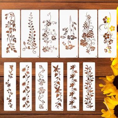 Imagem de Lnngub 12 peças de estênceis de videira para artesanato, reutilizáveis, faça você mesmo, modelos de desenho, folhas, estênceis florais para pintura em paredes, madeira, tela, tecido, móveis, decoração