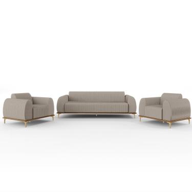 Imagem de Kit Sofá 3 Lugares 210cm Com 2 Poltronas Molino Pés D'ouro D02 Linho Bege C-107 - Lyam Decor
