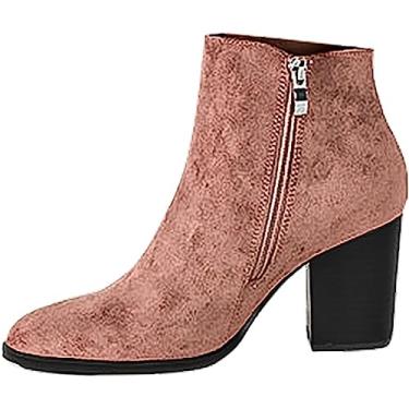 Imagem de Botas femininas de cano curto, sem fecho, bico fino, camurça, salto médio, com zíper lateral, Roxo, 8.5