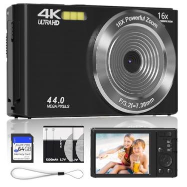Imagem de Câmera digital 4K para adolescentes com foco automático de zoom de 16x, câmera digital pequena e compacta portátil para meninos/meninas com cartão SD 64G, 2 baterias (preto)