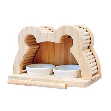 Imagem de Generic Prato de alimentação para pássaros, tigelas duplas, suporte de madeira para poleiro, bebedouro para cabine, copos de alimentação para papagaios,