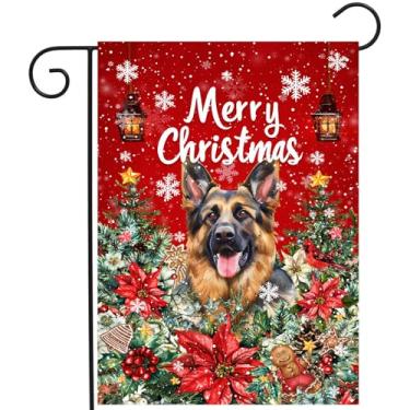 Imagem de Bandeira de jardim de pastor alemão de Natal Feliz Natal Bandeira de quintal de cachorro para bandeiras externas de Natal 30,5 x 45,7 cm Bandeiras de jardim de poinsétia vermelha dupla face