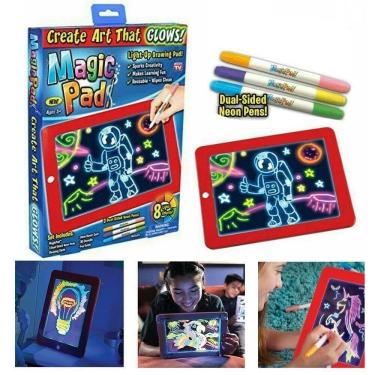 Imagem de Lousa Mágica De Desenhos 30 Atividades Neon 3d Led Quadro Iluminado Infantil Kit Completo 3 Canetas Tablet Criança Aviso