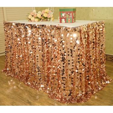 Imagem de Saia de mesa de lantejoulas ouro rosa - saias de mesa para mesas retangulares de 1,8 m, design brilhante com glitter para festa, casamento, aniversário, chá de bebê e mesa de bolo