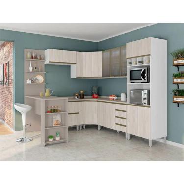 Imagem de Armário De Cozinha Completa 10 Pçs Com Vidro Tampo Bancada Pérola Móveis Branco Polar Crema Connect