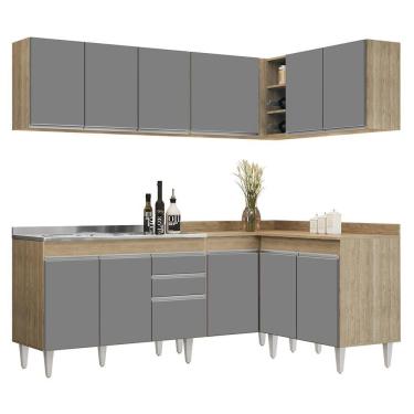 Imagem de Armário De Cozinha Modulado De Canto 6 Peças Cp30 Com Pia Inox Castanho/cinza - Lumil