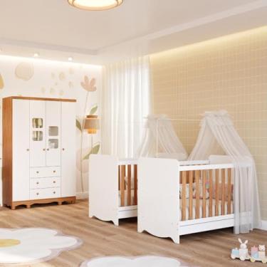 Imagem de Quarto de Bebê Gêmeos 2 Berços Americano Ben Guarda Roupas 4 Portas Uli 100% mdf Amendoa/branco
