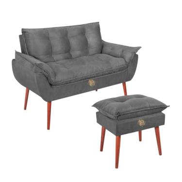 Imagem de Kit Namoradeira Opala 2 Lugares + Puff Suede Retrô - Sofá Compacto e Banco Pés Madeira Maciça - Conforto para Sala Estar/Quarto (VIT DECOR) (Cinza Escuro)
