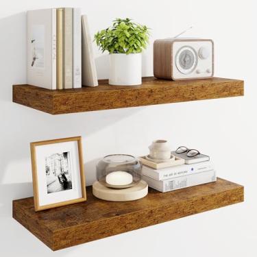 Imagem de Marsmiles Prateleiras flutuantes de 61 cm para parede, prateleiras de madeira com suportes invisíveis, conjunto de 2, prateleira rústica montada na parede para cozinha, banheiro, sala de estar, marrom
