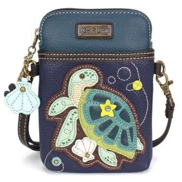 Imagem de CHALA Bolsa transversal para celular Ocean Collection - Bolsa feminina de couro PU/lona multicolorida com alça ajustável - tartaruga A - azul-marinho
