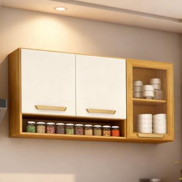 Imagem de Armário Aéreo com Vidro Reflecta e Porta-temperos Adele Cinamomo/ Off White Acetinado