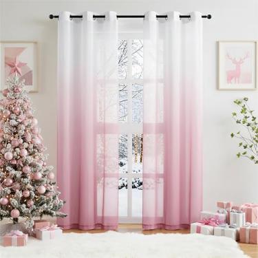 Imagem de Cortinas translúcidas de chiffon rosa ombré, painéis de cortina semi-voile amassados para decoração de quarto e sala de estar, tratamentos de janela com filtragem de luz, topo com ilhós, 2 painéis