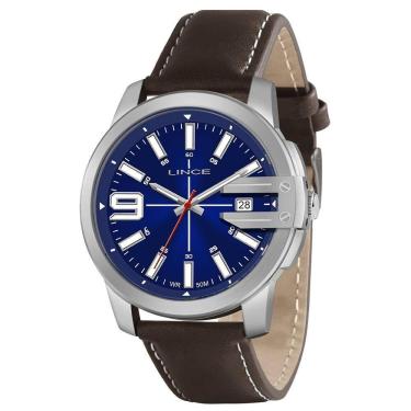 Imagem de Relógio masculino prata lince pulseira de couro com data +