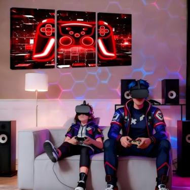 Imagem de Arte de parede Gamer para sala de estar 40,6 cm C x 30,5 cm L cada, pôsteres de jogos com luzes de néon, jogos de Game Boy, Cubo de tijolo vermelho, conjuntos de imagens de 3 peças, decoração de sala